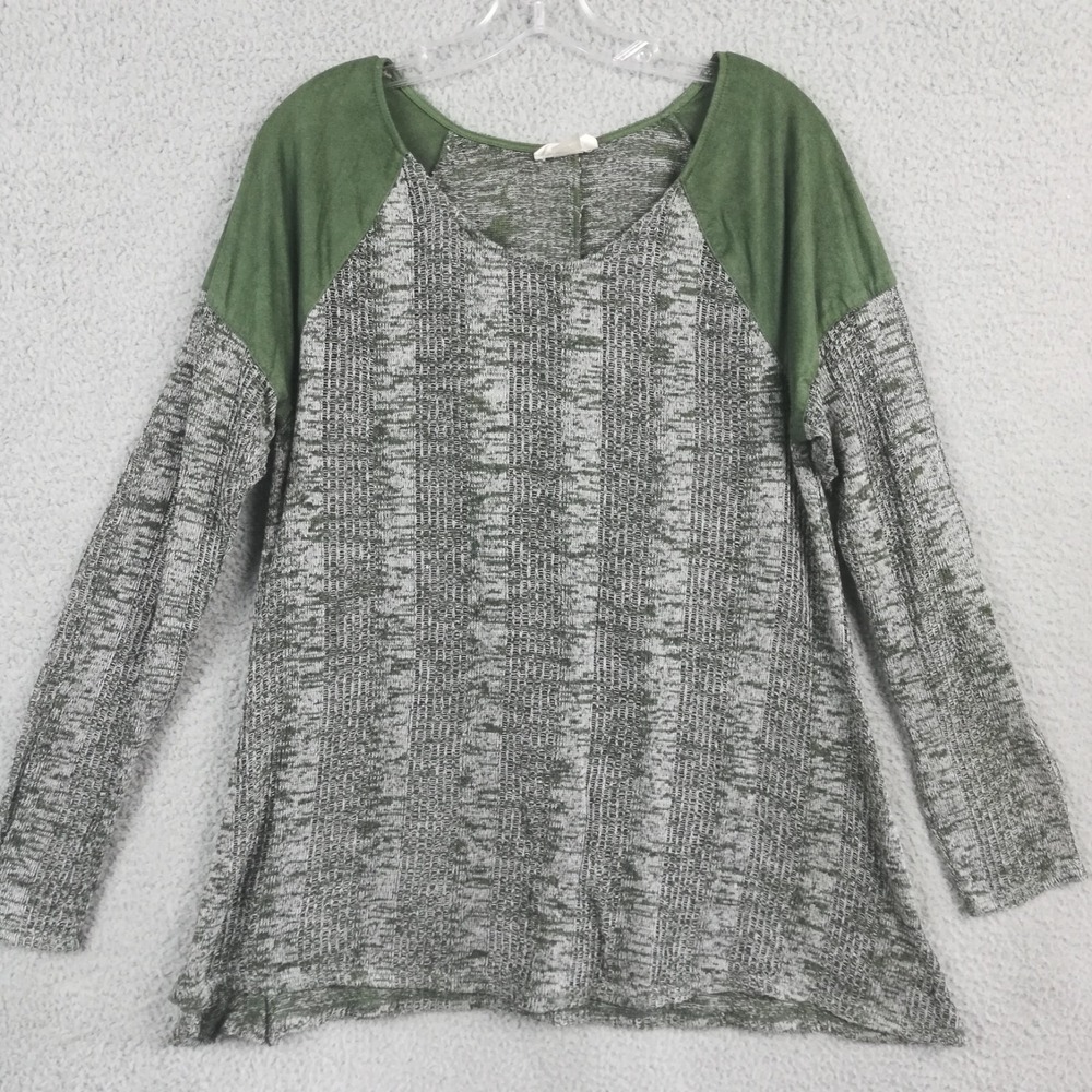 True Self Womens Top Raglan Long Sleeve Knit Gray Olive Green Heather XL